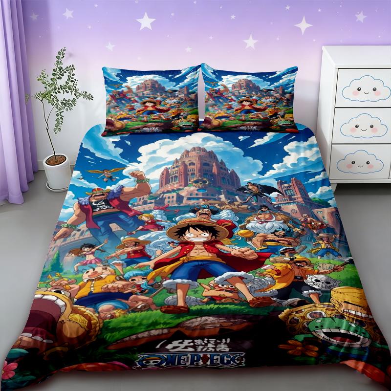 Duvet Cover One Piece Kids Cartoon Luffy Bedding Set with 2 Pillowcases Soft and Cozy Bedroom Bed Decor Teens Boys Best Gifts