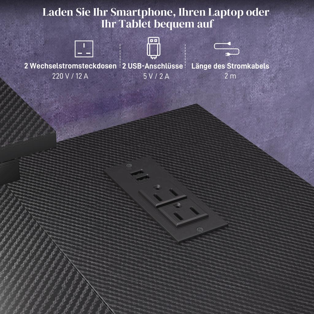 Scrivania a L con LED, Prese, USB, Scrivania per Computer Reversibile con Mensola, 107 x 80 x 90 cm, Nero
