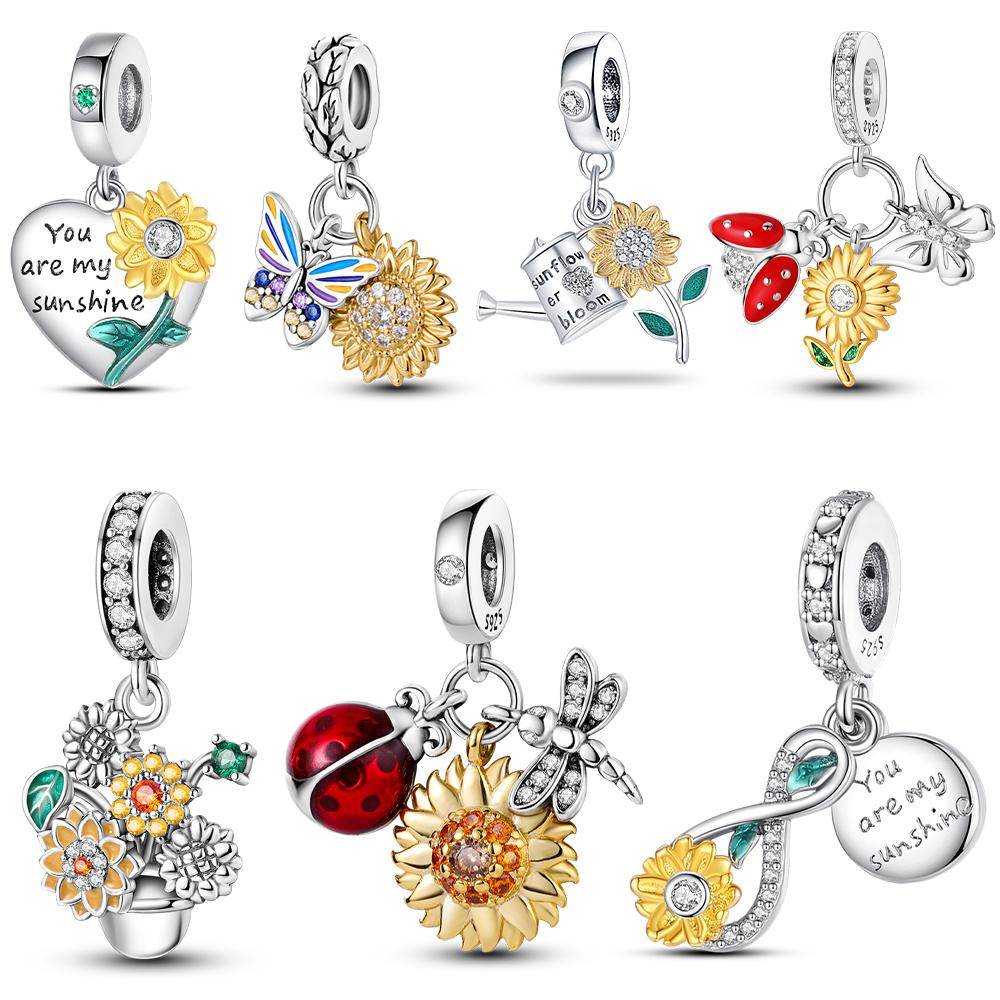 925 Silver Heart Golden Sunflower Charms Flower Pendants Fit 925 Bracelet Necklace Women DIY Party Jewelry Fine Gift