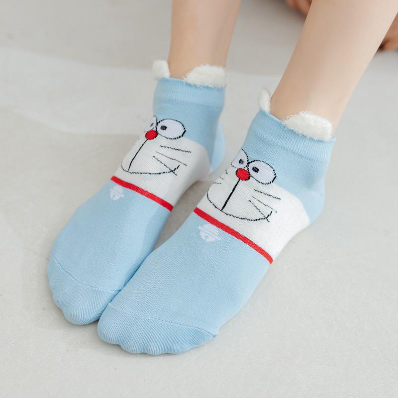 Women's Blue Fat Cat Cartoon Socks – Cute 3D Ears, Feather Yarn, All Cotton, Low-Cut Boat Style