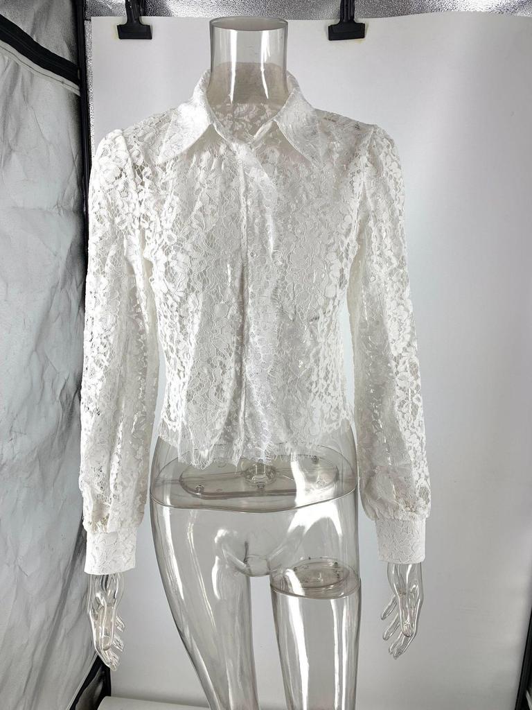 Sexy European & American Lace Lapel Long Sleeve Tassel See-Through Top