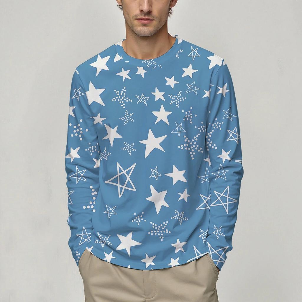 3D 5-Pointed Star Pattern Printed Top Casual Long Sleeved Men's T-shirts - Soft Medium Stretch Polyester Fabric Spring and Autumn Relaxed Fit Clothing