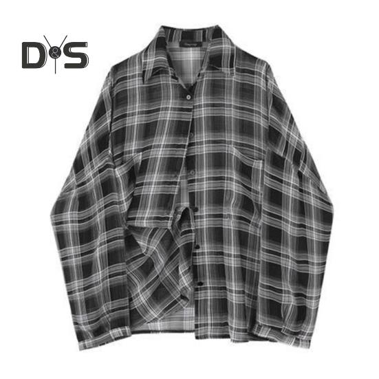 

Женская летняя рубашка с лацканами и длинными рукавами в клетку, рубашка с принтом, топы, свободный крой, однобортный тонкий кардиган, рубашка L чёрный