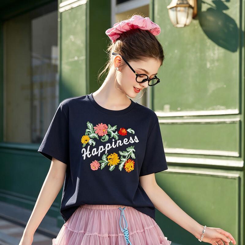 Bailuyu Women s Embroidered Round Neck T-Shirt XL