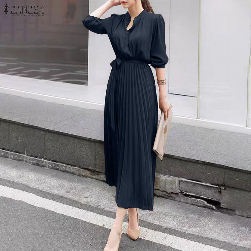 ZANZEA Kobiety Casualowa Sukienka z Okrągłym Dekoltem w Jednolitym Kolorze z Długim Rękawem i Luźnym Krojem