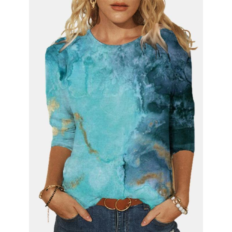 Round Neck 3D Gradient Color Printed Top Fashionable Casual Long Sleeved Women's T-shirts
