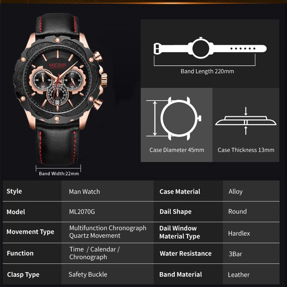 MEGIR Luxury Sports Watches for Men Waterproof Quartz Wrist Watch Chronograph Fashion Leather Military Clock Reloj Hombre 2070