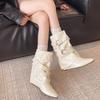 Fashion Niche Design Sense Rivet Belt Buckle Pointed Toe Block Heel Mid-Heel Booties Women'S  Winter New Single Boots
