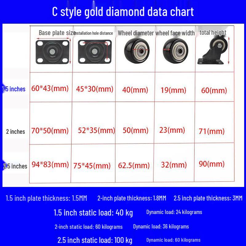 Gold Diamond Silent Universal PU Furniture Casters with Brake for Sewing Machines