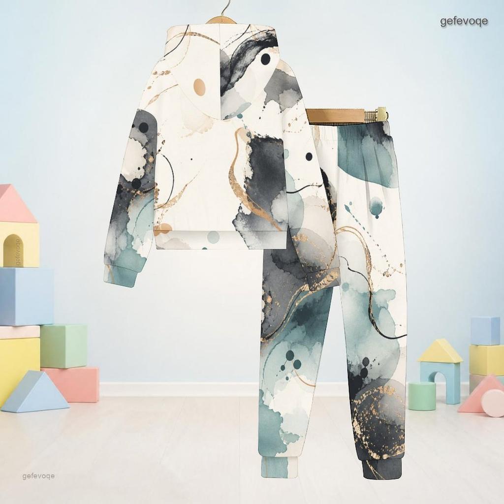 Boys Girls Abstract Printed Hooded Long Sleeve Sweatshirt And Cuffed Pants Two Piece Set