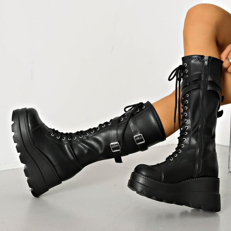 Wedge Heel Tall Boots Fashion Round Toe Strappy Side Zipper Platform Non-Slip Wear-Resistant High Heels
