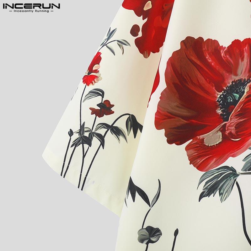 INCERUN Muži leto Turn Dowm golier s kvetinovou potlačou Topy na voľný čas Gombíky Košeľa s krátkym rukávom