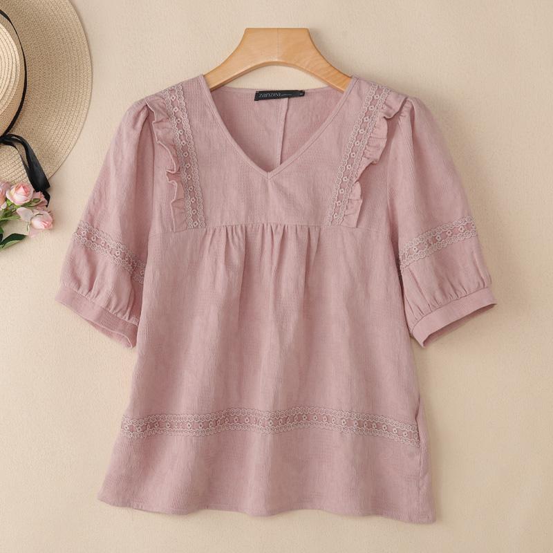 ZANZEA Women Casual V-Neck Loose Half Sleeve Cotton Blouse