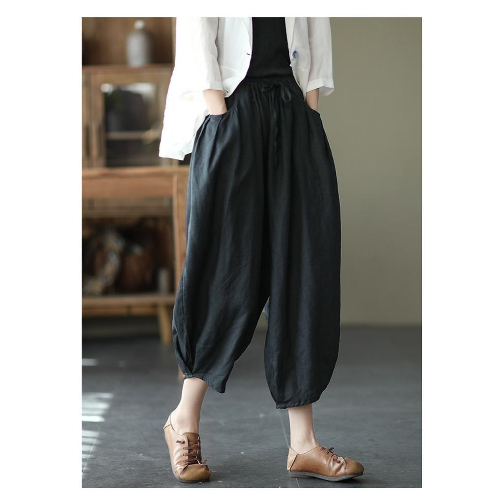 Summer Literary and Artistic Loose Solid Color Cotton and Linen Lace-up Elastic Waist Bloomers Nine-point Pants Carrot Pants Women's Pants