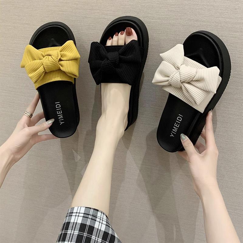 Black Bow-tied One-word Slippers for Women's Summer Wear, New Muffin Thick-bottomed Non-slip Design, Cool Slippers