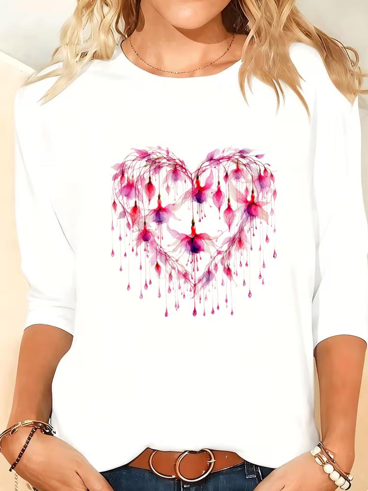 

(Asian Size) Lady love heart trend cute 90s Printed o-neck Women T Shirt Tee Female Clothing Casual Fashion Top Long Sleeve Graphic T-shirts S