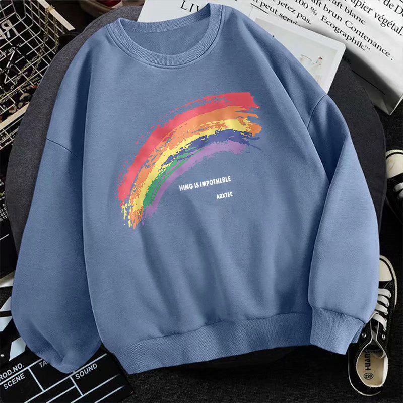 Men's Trendy Loose-Fit Hoodless Sweatshirt - Hong Kong Style, Fleece-Lined, Spring & Autumn, Round Neck, Couple's Pullover.