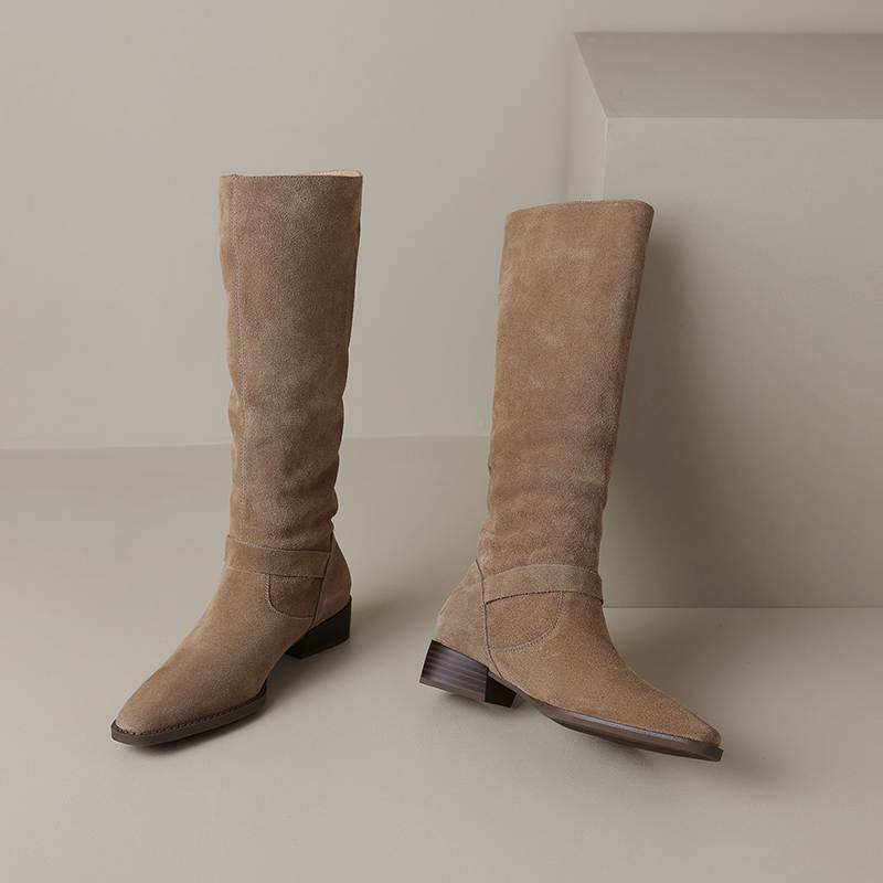 Krazing Pot Cow Suede Autumn Winter Shoes Round Toe Metal Buckle Big Size 42 Thick Med Heels Slip On Western Boots Women Knee Boots