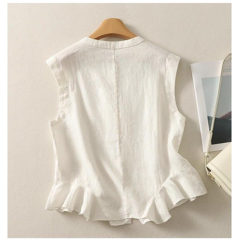 Yellow Stand Collar Sleeveless Ruffle Hem Linen Blouse for Women Casual Wear