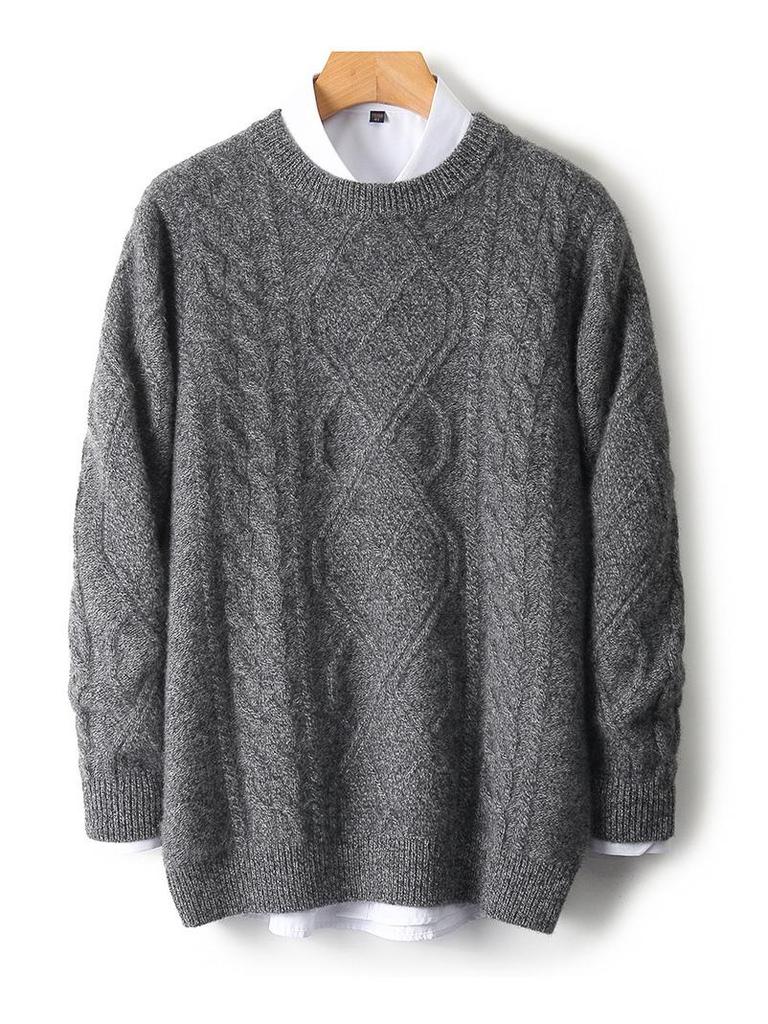 Men's Casual 100% Wool Thickened Sweater - Five-Needle Large Diamond Jacquard Knit
