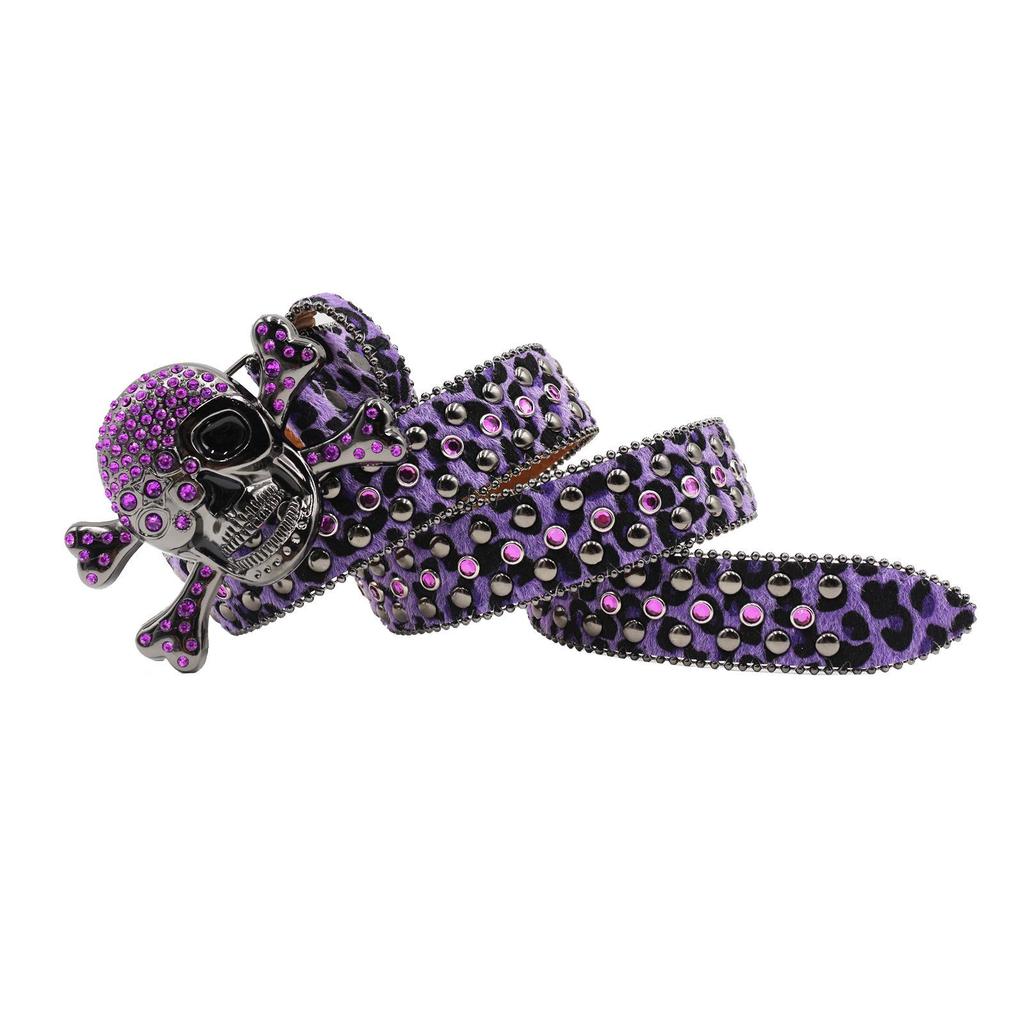 Women’s Skull Leopard Print Rhinestone Belt - Dark Punk Style, Fully Inlaid with Diamonds