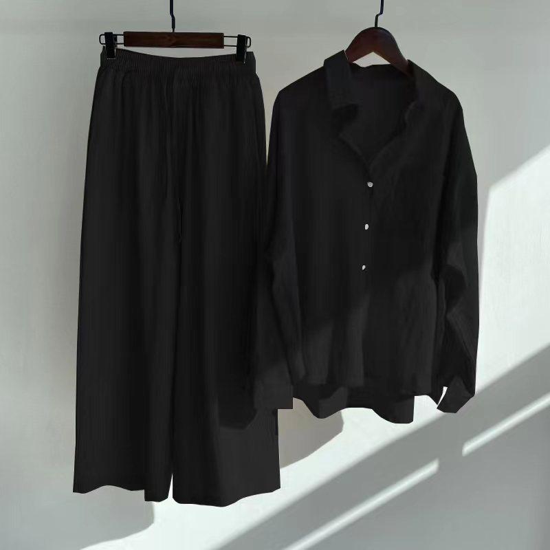 Women's Retro Plus Size Cotton Linen 2-Piece Set: High Waist Shirt & Wide Leg Pants
