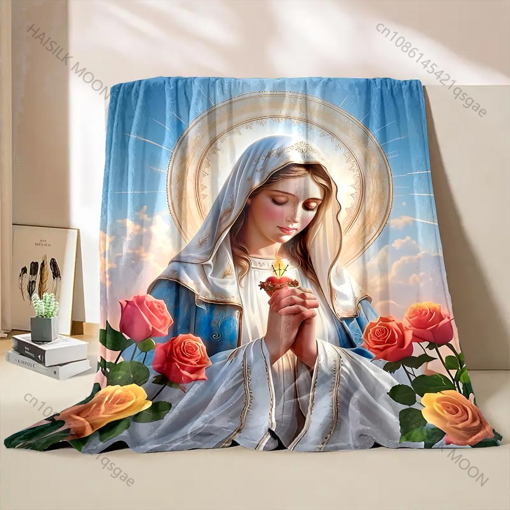 1PC Praying Virgin with Roses Print Blanket Warm Soft Fluffy Kids and Adult Sofa Bed Throw Blanket Outdoor Travel Camping RV
