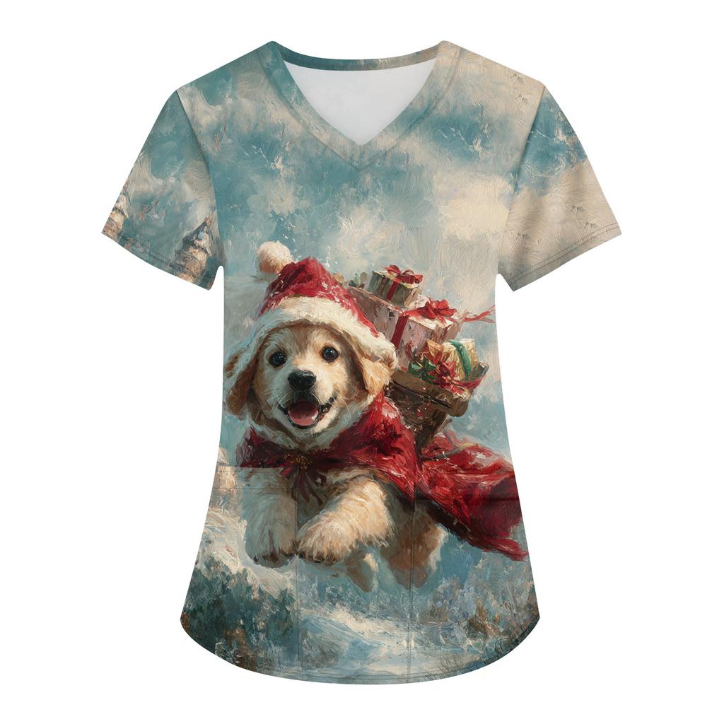 Women's Printing Uniform Work Uniform V-neck Pockets Basic Short Sleeve Pullover Top