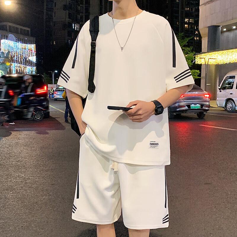 

Men s Casual Ice Silk Striped T-Shirt & Shorts Set L