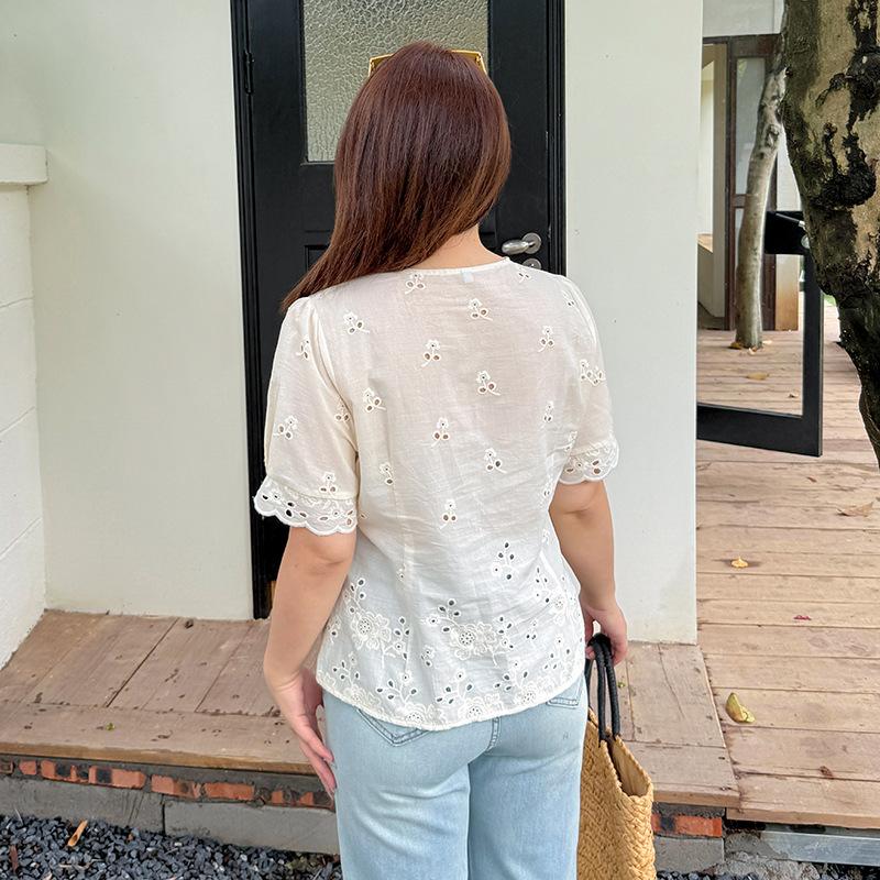 Korean Lace Embroidered Short-sleeved Shirt Women's Summer New Fat Mm French Waist Top 222447