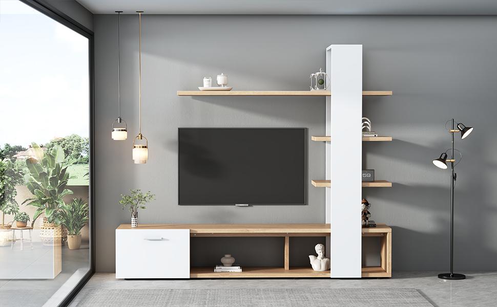 Woonkamerkast, Woonkamermeubelset 180 x 33,5 x 151,5 cm, Geschikt voor TV's onder 60 inch, Moderne Eiken Wit TV-meubel, TV Wandmeubel Set