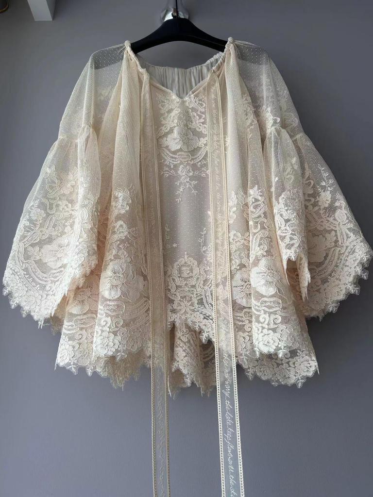 Top Élégant Blanc Cassé & Abricot Dentelle Assemblée - Style Français, Coupe Ajustée & Ample