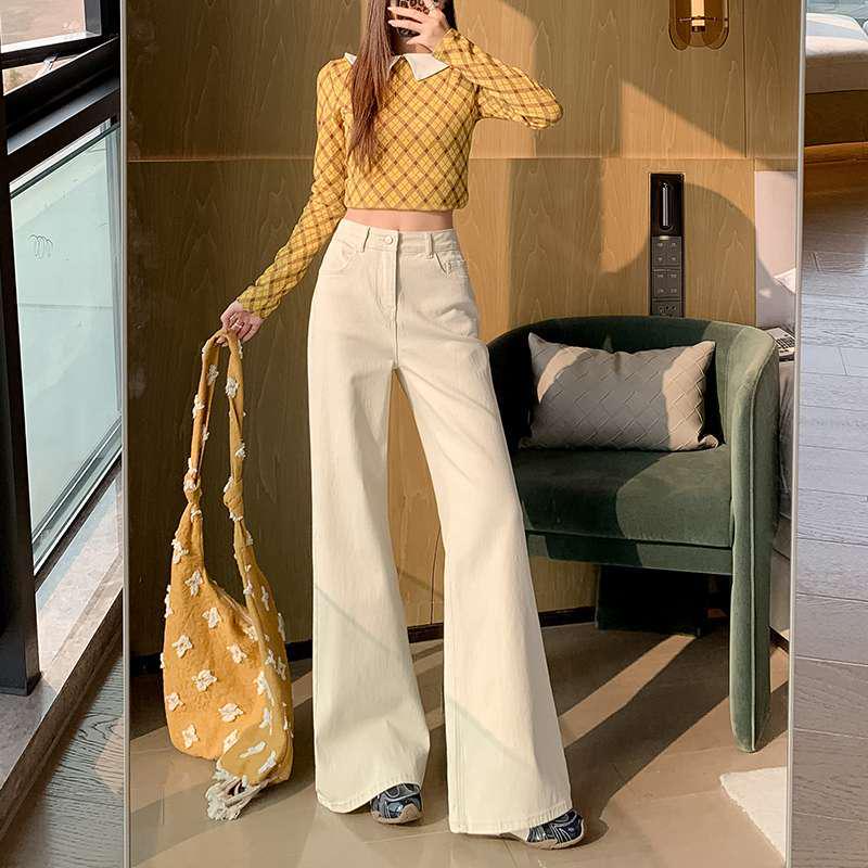 Khaki Old Money Style Micro-Flare High-Waisted Jeans for Women - Spring Milk Tea Shade S