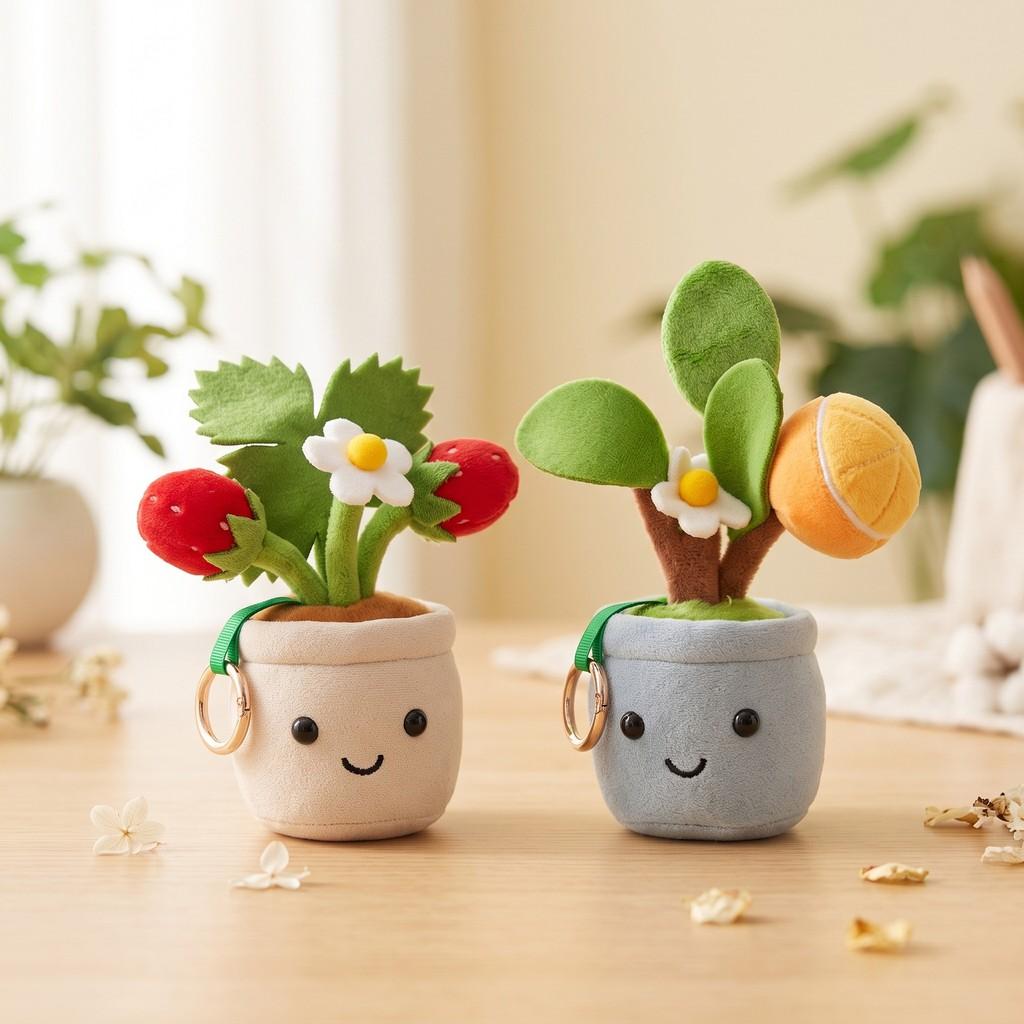 Cute Plush Fruit Plant Pot Ornament Keychain With Strawberry And Orange For Gift And Decoration