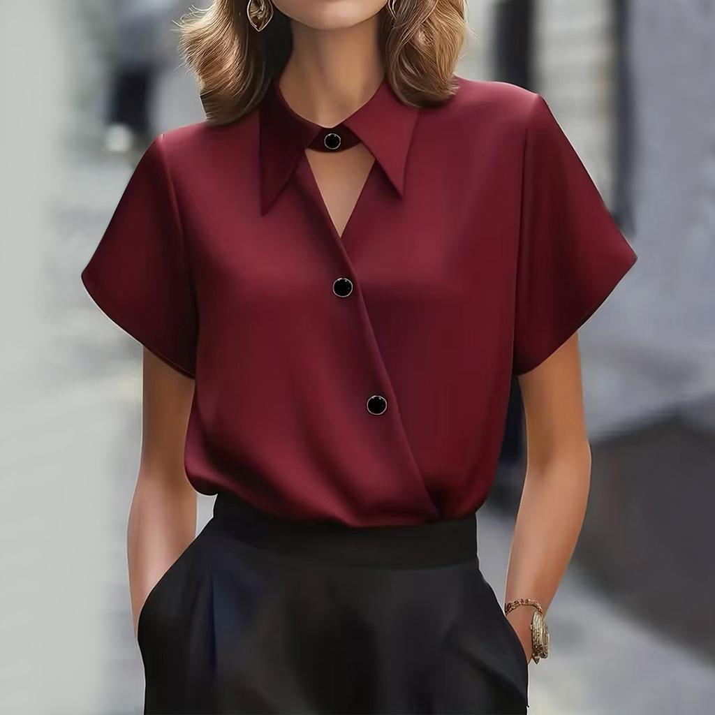 Women Satin Short Sleeve Shirt Notched Collar Hollow Out Asymmetric Placket Office Blouse for Daily
