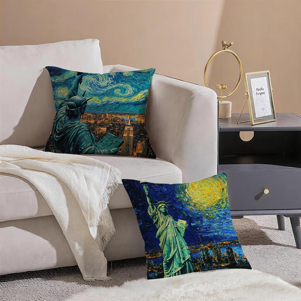 Oil Painting Statue Of The Statue Of Liberty Cushion Cover Linen Pillowcase Soft For Sofa Bed Home Room Decor