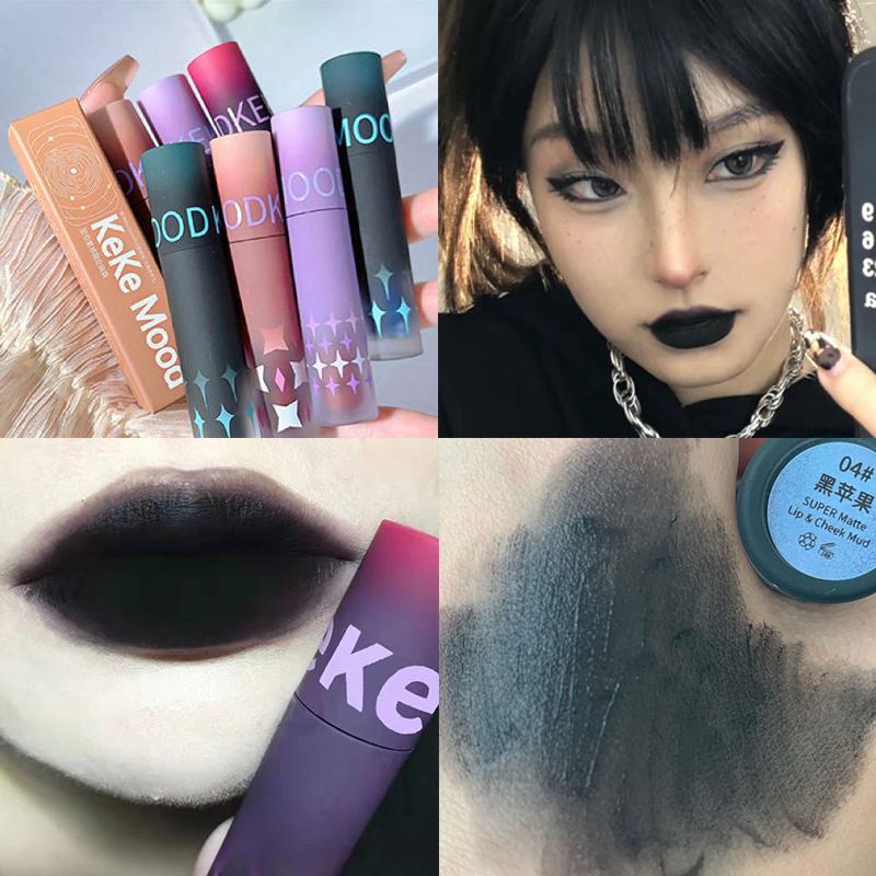 Gotischer Mattes Schwarzes Lippenstift Wasserdicht Langanhaltendes Mousse Lippen Schlamm Nude Braun Lippenstift Blau Punk Lippen Glanz Make-up Dunkelroter Lippen Tönung