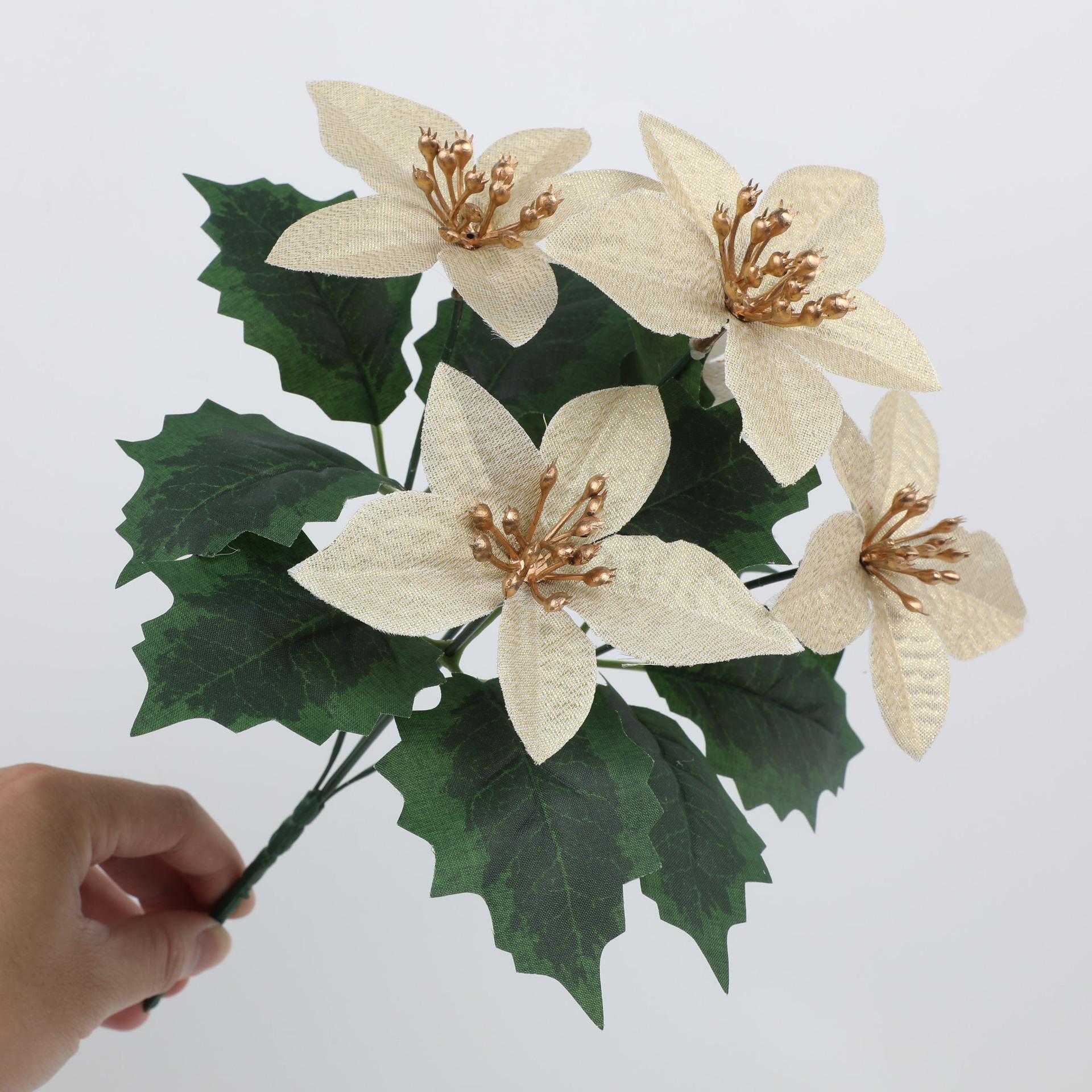 

5 Heads Artificial Poinsettia Flowers Red Bush Bouquets Fake Flower for Christmas Tree Wreaths DIY Home Garden Party Decoration золотой