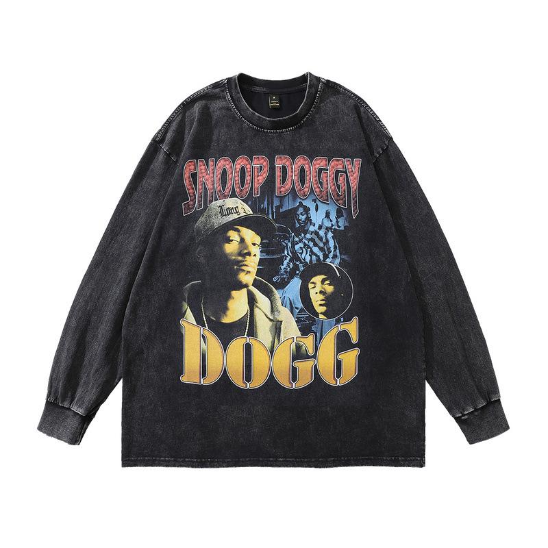 Hip Hop Rap Portrait Print Long Sleeve T-Shirt Autumn Retro Fried Color Men'S Crew Neck Sweater
