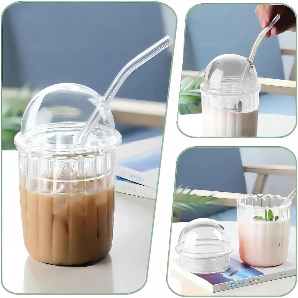 Dome Lid Glass Straw Cup Stripe Pattern Drinking Cup Fashion Milk Tea Cup Coffee