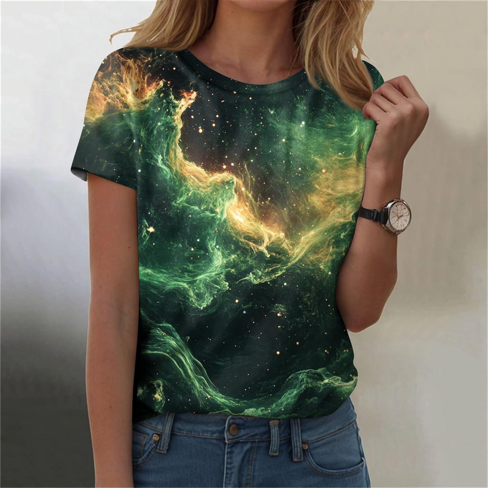 

Женская мода повседневная футболка с круглым вырезом и короткими рукавами с принтом неба L