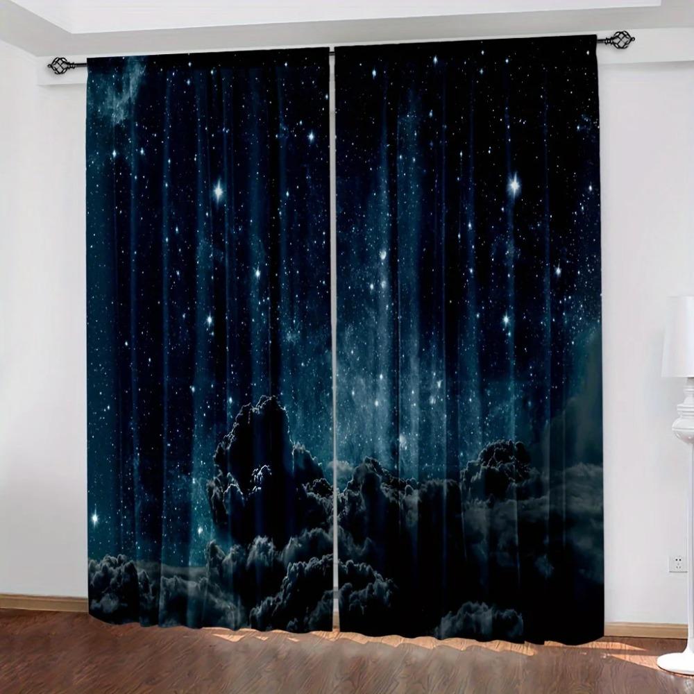 Galaxy Shining Stars Drapes Rod Pocket Outer Space Starry Sky Star Printed Drapes Window Drapes For Living Area Kitchen