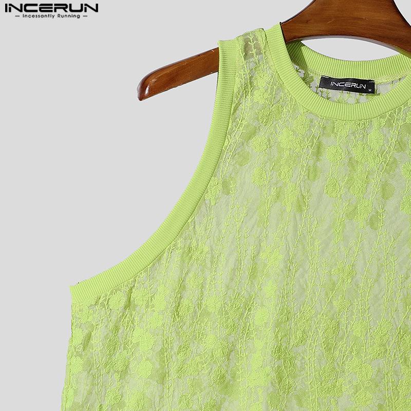 INCERUN Vară Bărbați Fără mâneci Plasă Transparent Dantelă Larg Maieuri