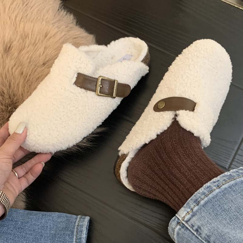 Mode Mode Schnallenriemen Damen Pantoletten Pelz Hausschuhe 2024 Winter Warm Damen Flach mit Pelzschuhen Lässig Outdoor Indoor Weibliche Pantoletten