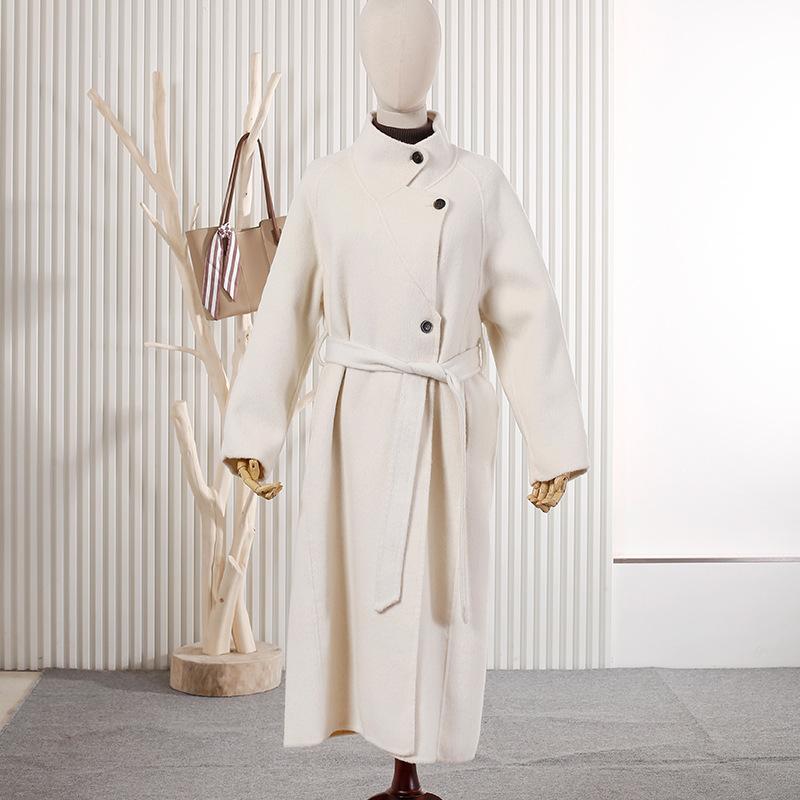 

Новое шерстяное пальто воротник-стойка на шнуровке средней длины и длинное теплое для поездок шерстяное двустороннее шерстяное пальто куртка M белый