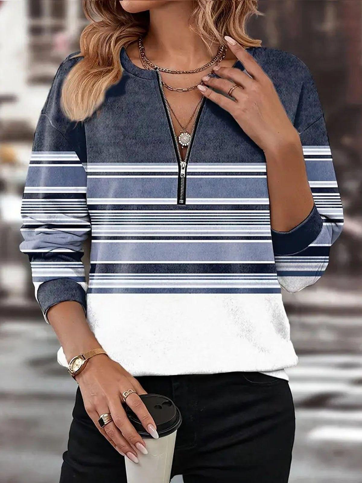 

Женский свитшот на молнии с V-образным вырезом и цветными блоками - Свободный крой, Длинный рукав, Коллекция Осень/Зима, В наличии XXL темно-синий