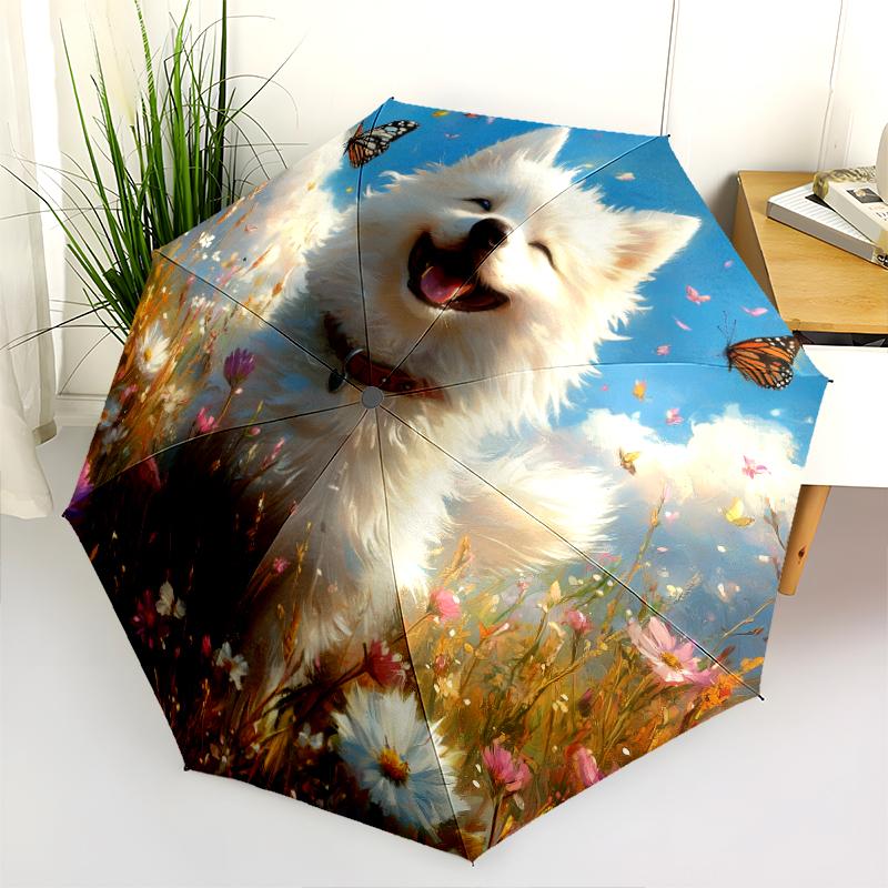 Happy Samoyed Pattern, Automatic Folding Umbrella, Portable and Foldable Design, 8 Ribs, a Christmas or Birthday Gift.