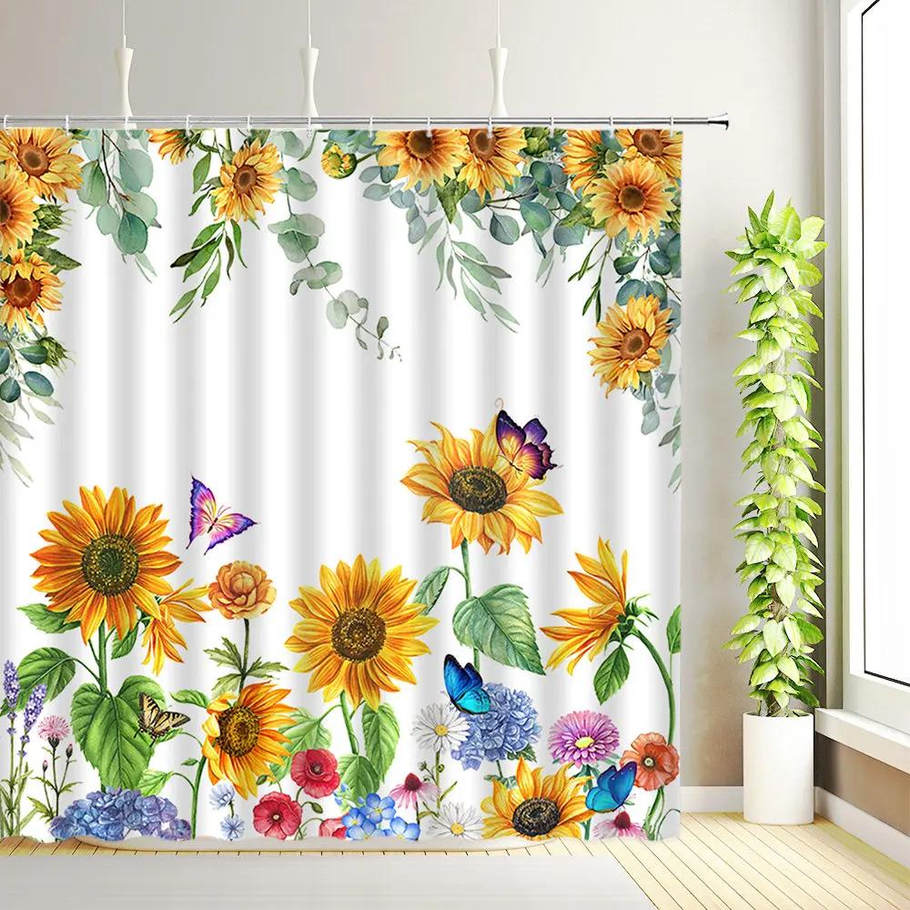 

Sunflower Blue Truck Shower Curtain Rustic Farmhouse Highland Cattle Daisy Floral Butterfly Bathroom Decor Fabric With Hooks W60H190(CM)-1 Pcs