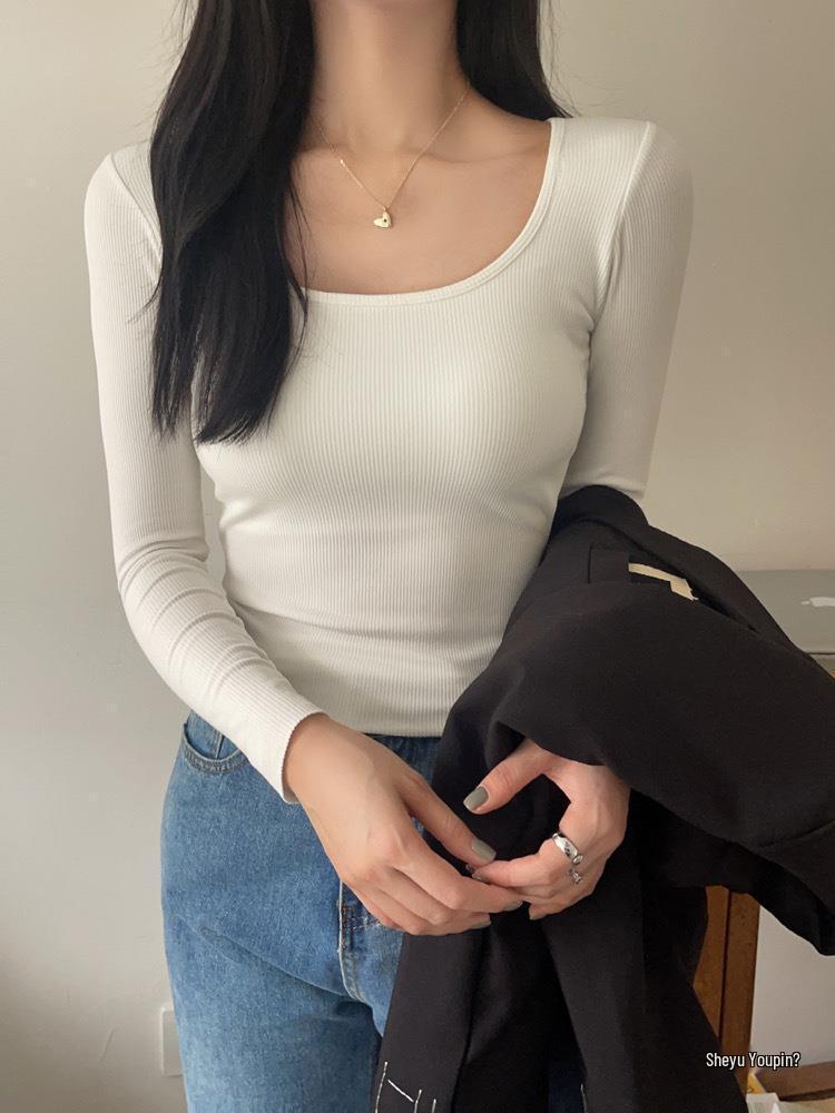 Korean Style Slim Fit Square Neck Brushed Velvet T-Shirt with Chest Pads for Autumn and Winter