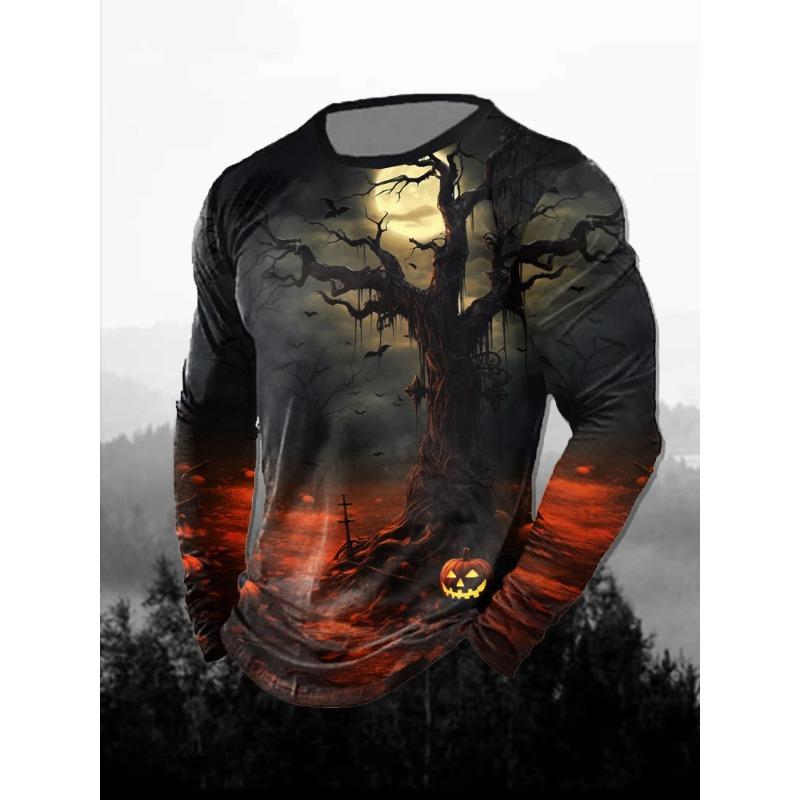 Spring and Autumn Round Neck Halloween Fun Horror Pattern 3D Printed Top Fashionable Casual Long Sleeved Men's T-shirts